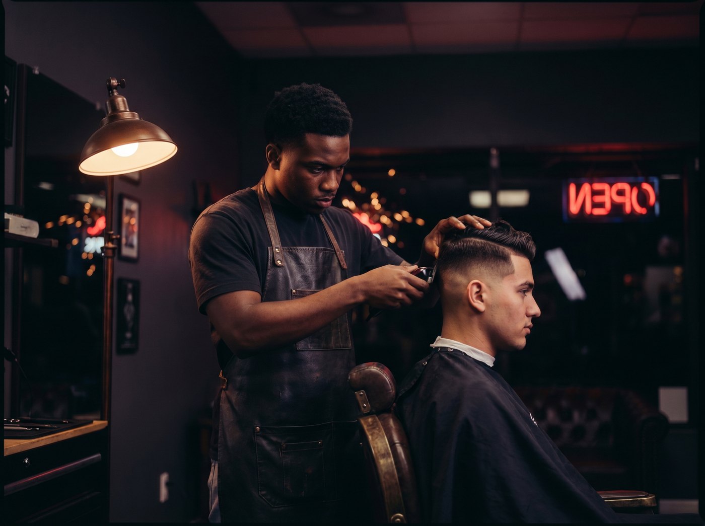 A barber lining up a fade under dramatic warm light