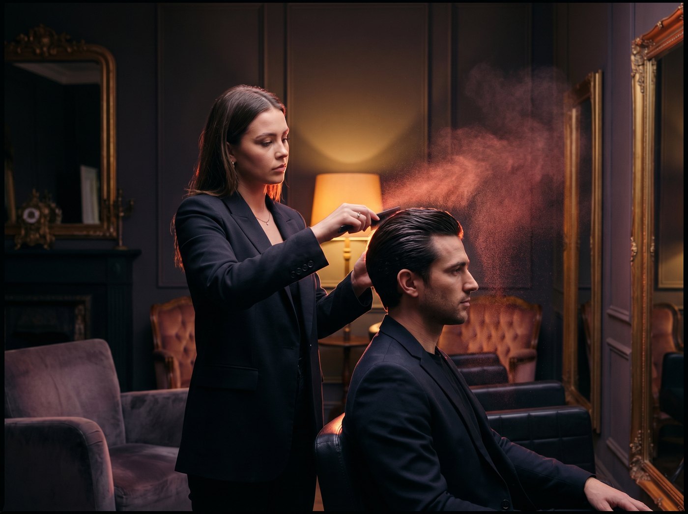 A stylist sculpting a wave in a dark luxury salon