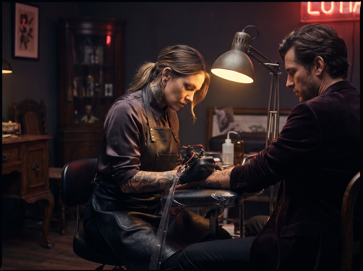 A tattoo artist inking a client under a work lamp