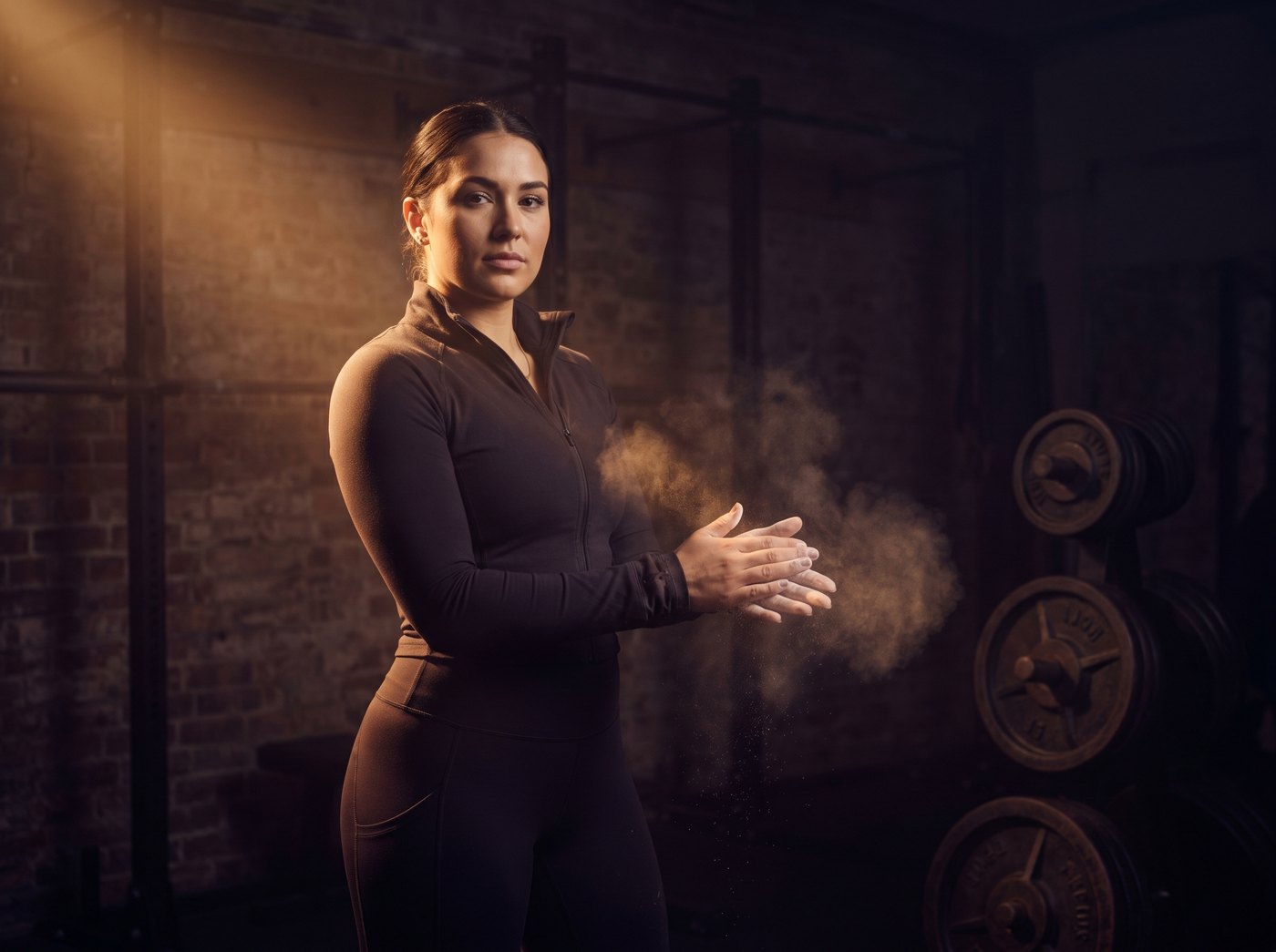 A trainer chalking her hands in a moody gym